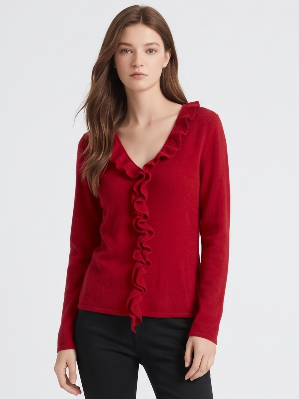 Prive Vintage 100% cashmere Red Ruffle V-Neck Sweater. Luxury. High quality.M